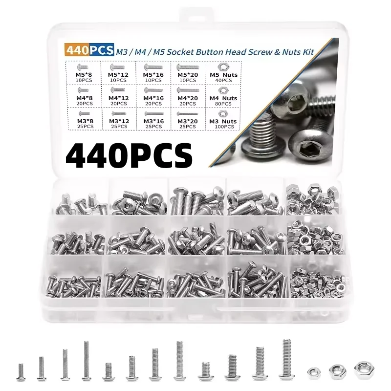 

440pcs 304 Stainless Steel Screw Machine Hex Screws Bolts and Nuts Set Hexagon Socket Round Head Screw Bolt Nut Kit M3 M4 M5