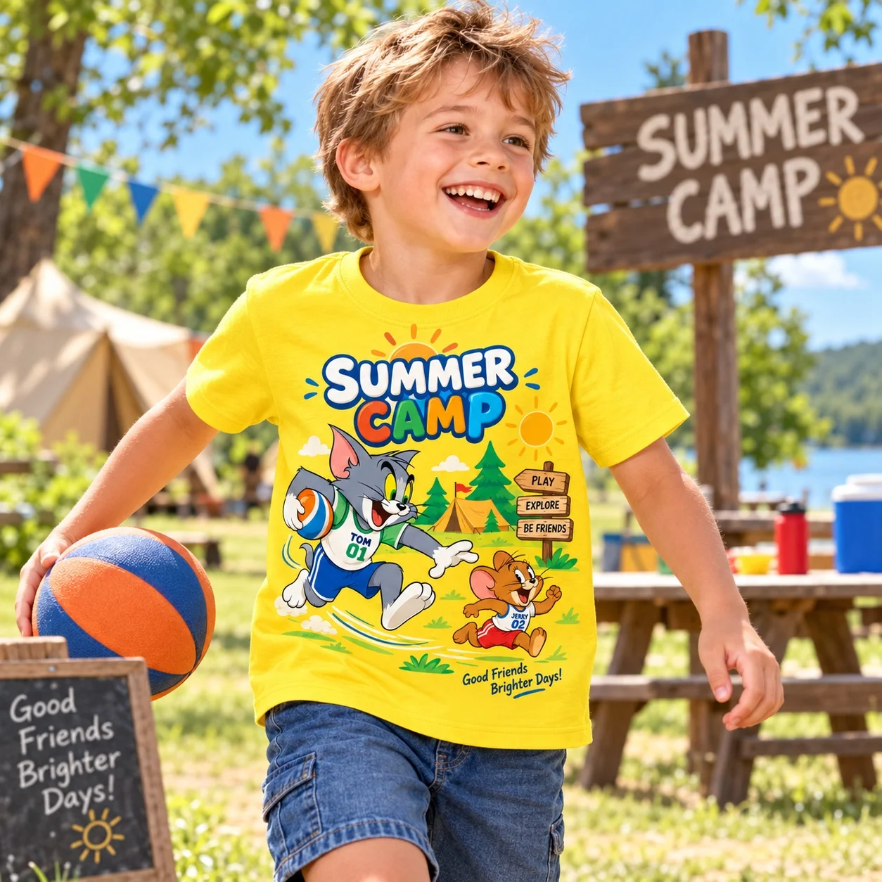 Kids Cartoon Cat Mouse Summer Camp T Shirt Unisex Children Short Sleeve Tee Outdoor Adventure Top Boys Girls Casual Clothing