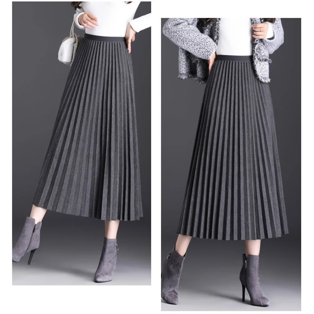 Saia de lã solta saia de cintura alta estilo plissado tecido de poliéster nova condição saias femininas todas as estações