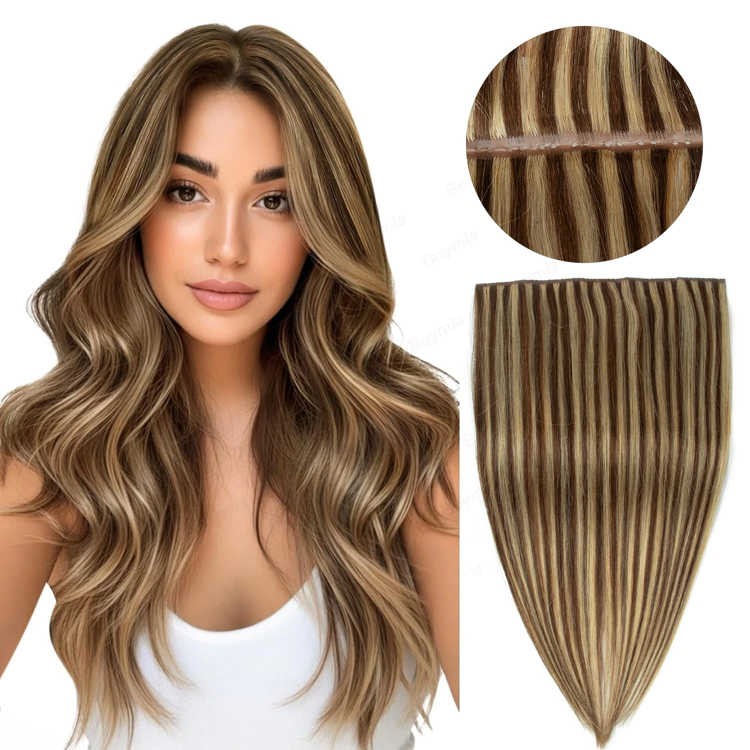 Butterfly Weft Hair Extensions Human Hair Twin Tab Genius Weft Hair Extension Chocolate Brown To Caramel Blonde 40-50G Free Bead