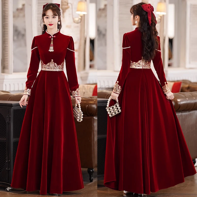 

Winter Velvet Burgundy Toast Clothes Elegant Retro Vintage Wedding Bride Engagement Dress Traditional Mandarin Collar Gown