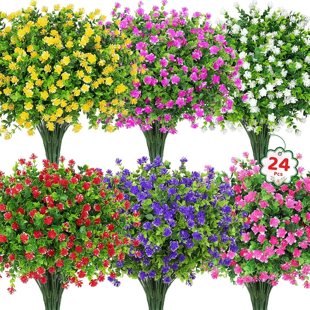 

24 пучка искусственных цветов для улицы, устойчивые к УФ-излучению, имитация эвкалипта, искусственные кусты, зелень, пластиковые растения для сада