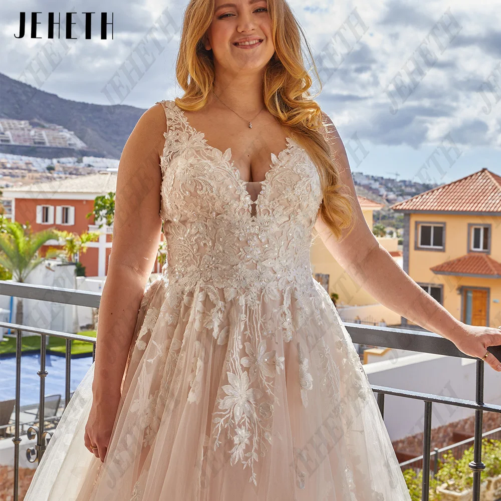 JEHETH Squisite V-Neck Abiti da sposa Plus Size senza maniche Zipper BackJEHETH squisiti abiti da sposa con scollo a v Plus Size senza maniche con cerniera sul retro abiti da sposa a-line Tulle Modern vestidos de novia