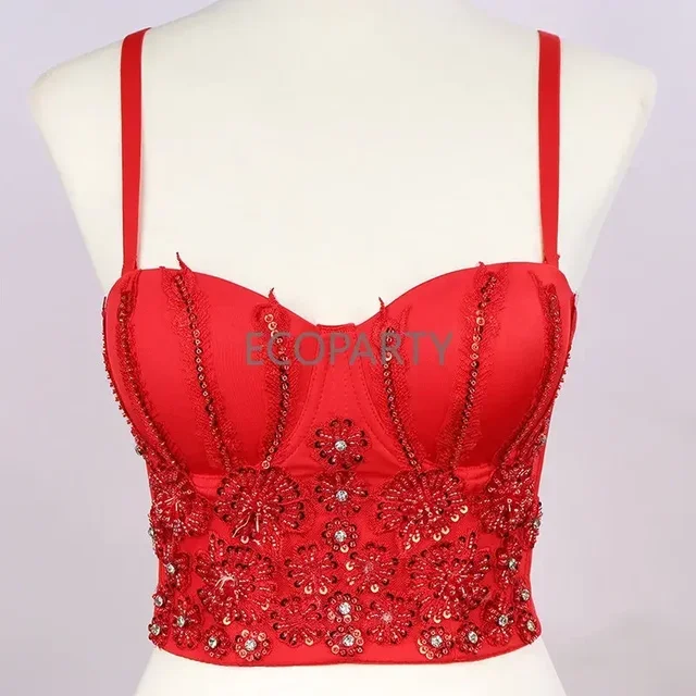 Impreza w klubie nocnym gorset krótki Top z wbudowanymi miseczkami do noszenia na ramieniu Camis ubrania Sexy Slim koraliki akrylowe damskie krótki Top