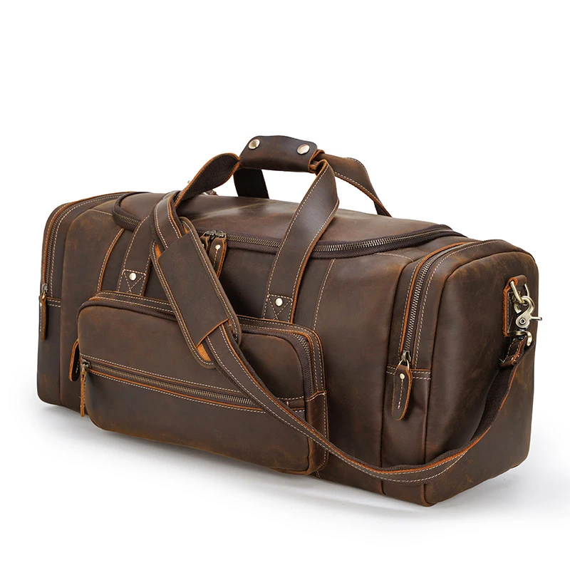 

Custom Large Capacity Vintage Brown Genuine Real Leather Garment Overnight Weekend Travel Bags Duffel Bag For Man