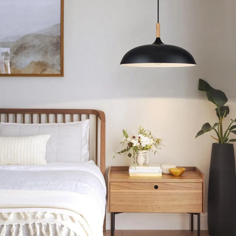 Modern Matte Black Wood Pendant Light E27 Dimmable Hanging Ceiling Lamp for Kitchen Island Dining Room Bedroom