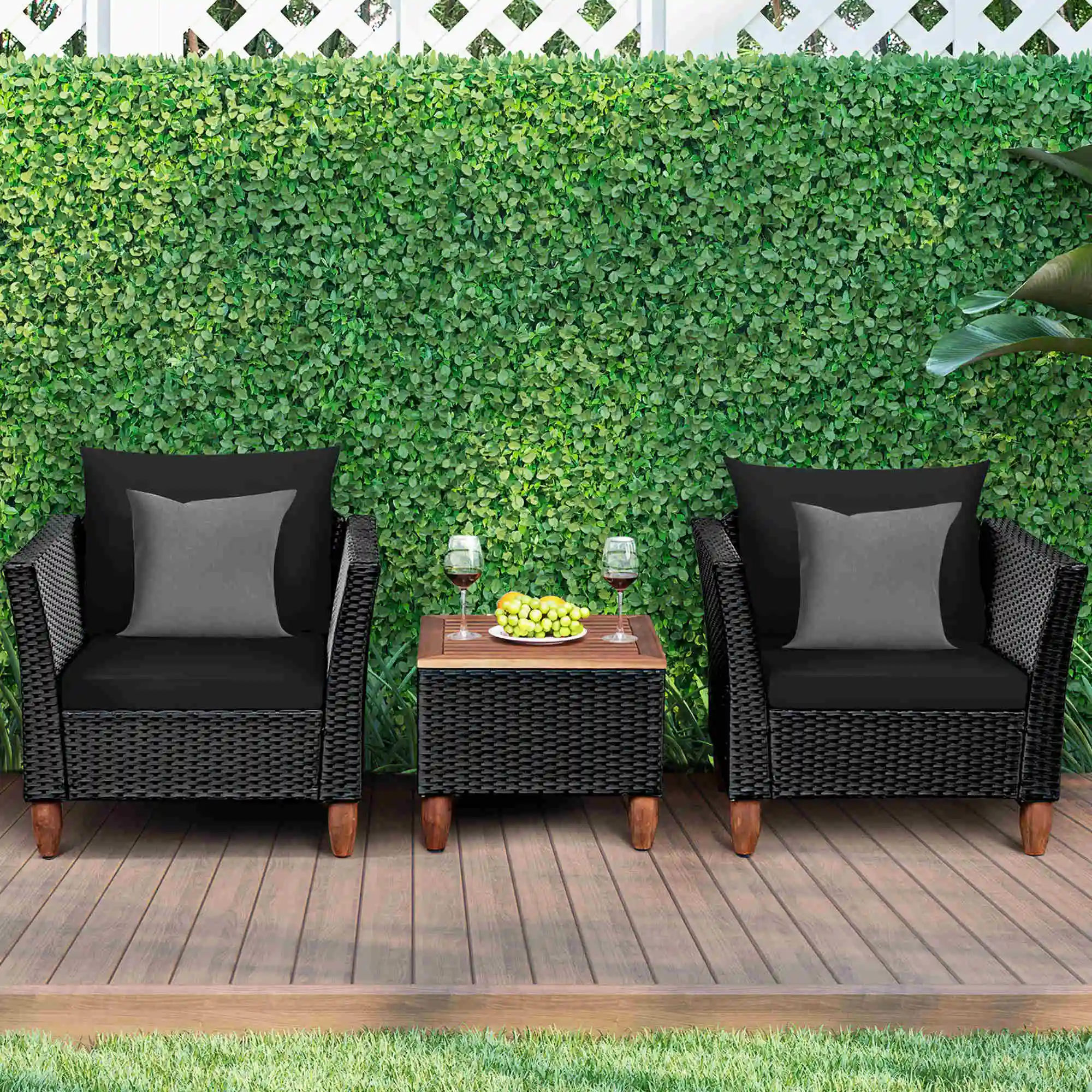 3PCS Outdoor Patio Rattan Furniture Set Wooden Table Top Cushioned Sofa Black