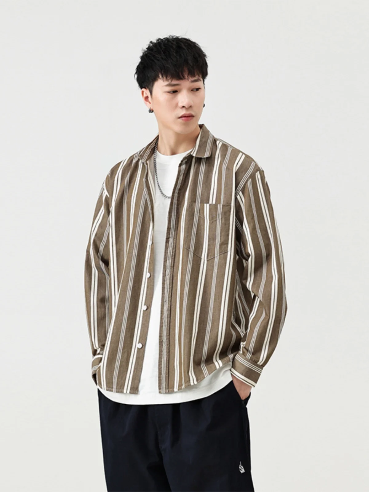 

Retro American Striped irt Men's Long Sve Loose Casual Top Summer Trendy Brand Loose Fit Printed irt Youth ular Sle