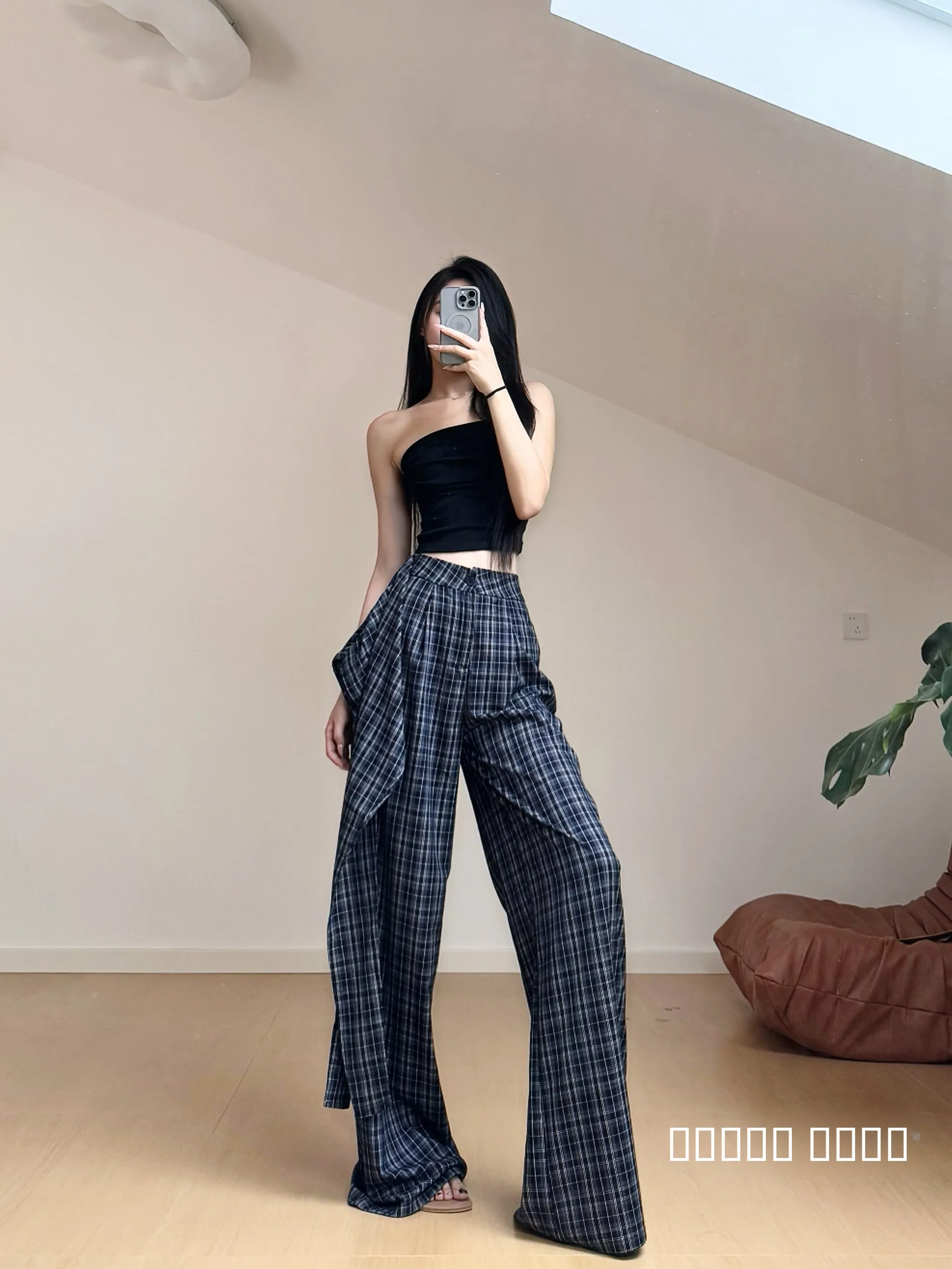 

High Waist Wide Leg Pants Belted Extended Length Women's Sle American Retro Plaid Loose Fit Casual Trousers