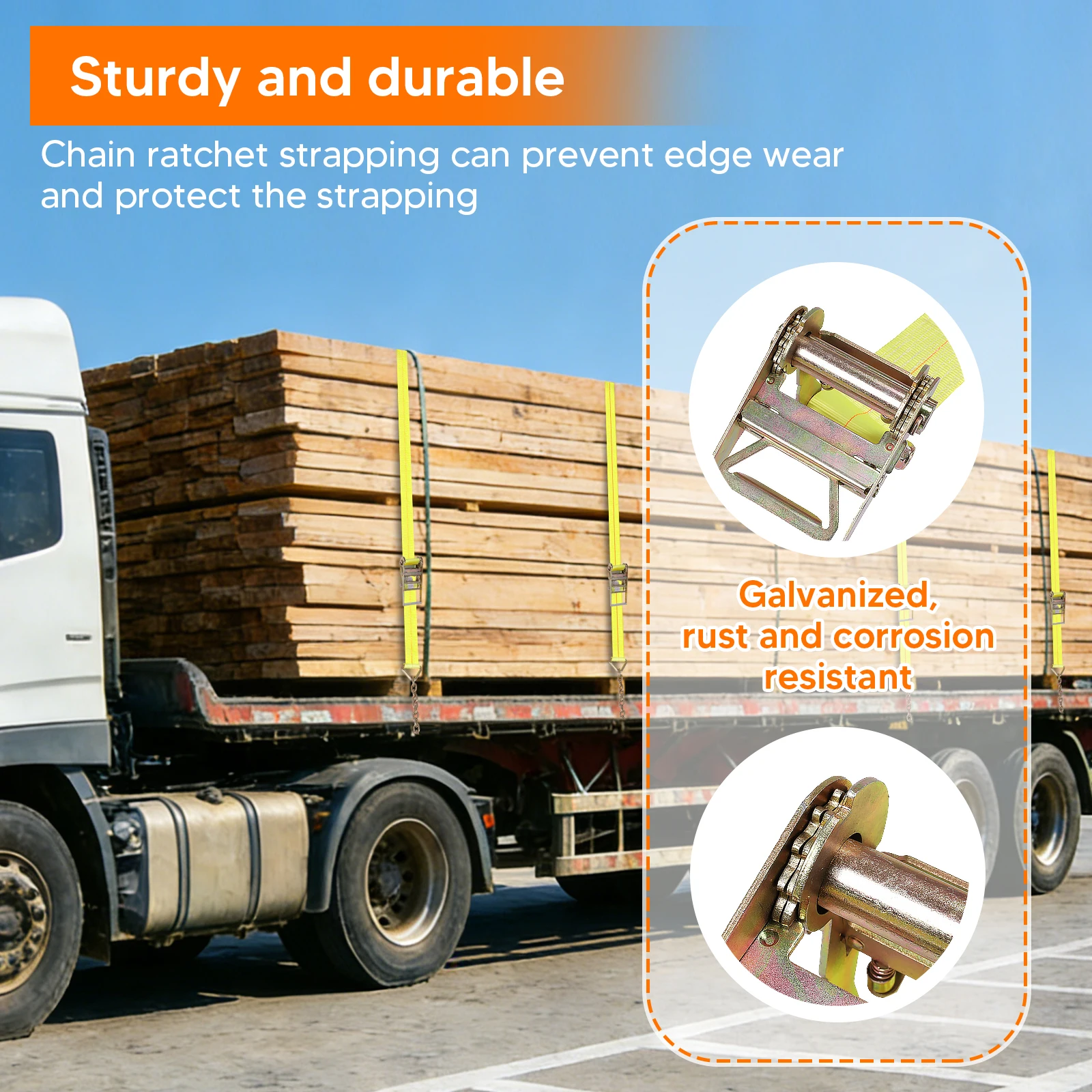 

Комплект из 4 усиленных стяжных ремней с храповым механизмом 10 см x 12 м с цепями и крюками-захватами, нагрузка до 2993 кг, для шин, мотоциклов, прицепов