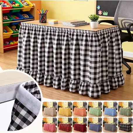 Plaid Ruffled Table Skirt with Velcro Decorative Table Cover for DIY Hotel Wedding Party Ceremony Podium Concealing Curtain