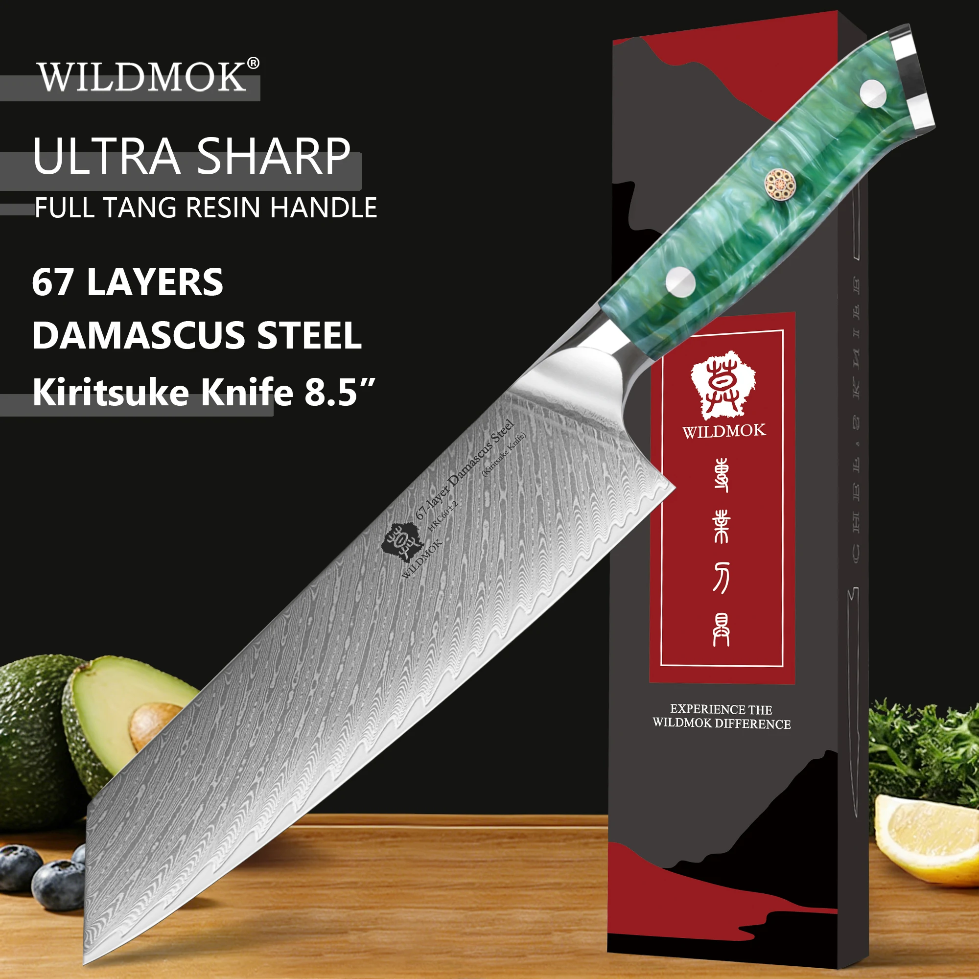 

Кухонный нож WILDMOK 8.5" Classic Master Kiritsuke из японской дамасской стали с эргономичной рукояткой из зеленой смолы