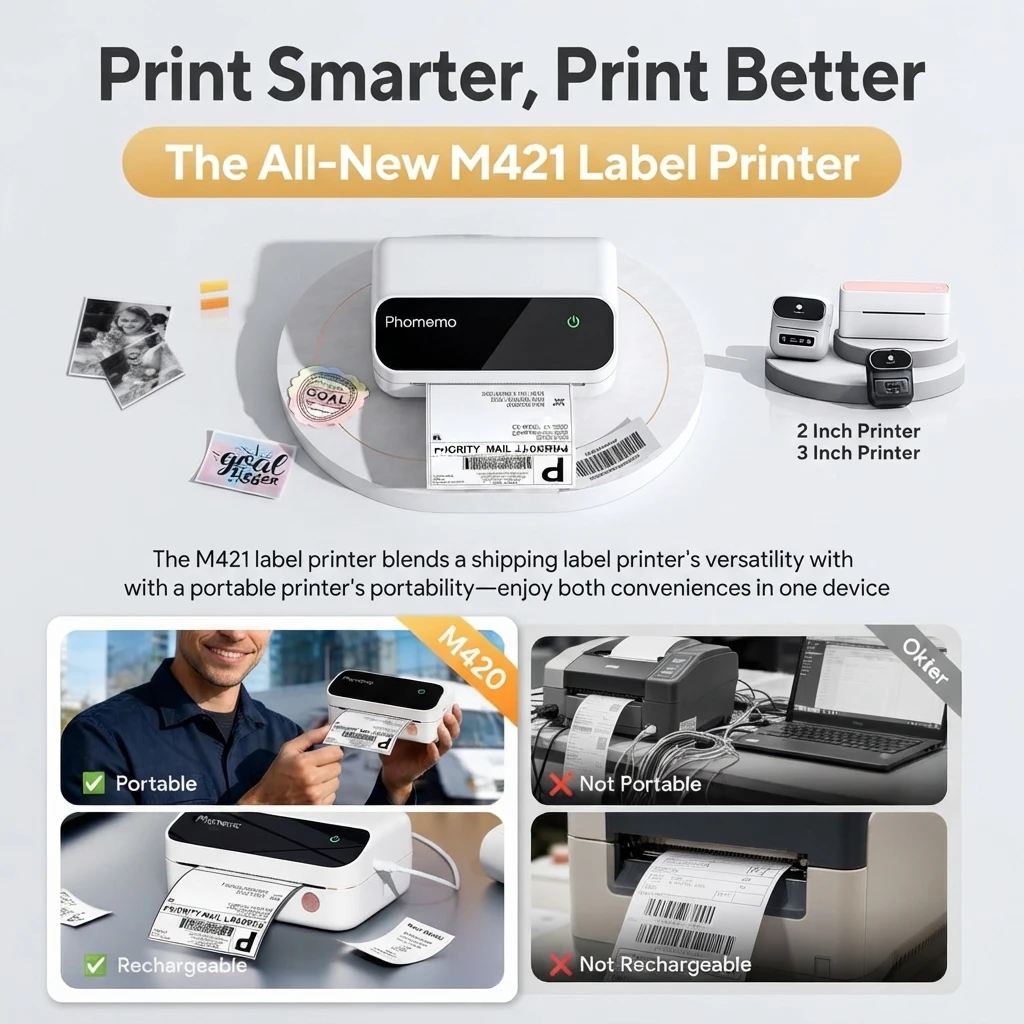 No Ink Needed Phomemo M420 Bluetooth Thermal Shipping Label Printer, Dedicated 4x6 Size Label Maker, Stable Wireless Connection