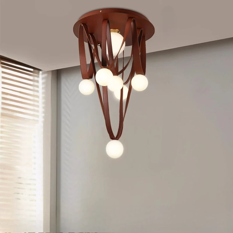 Luxury Italian designer brown leather LED ceiling light Nordic modern loft living room dining room line home decoration light