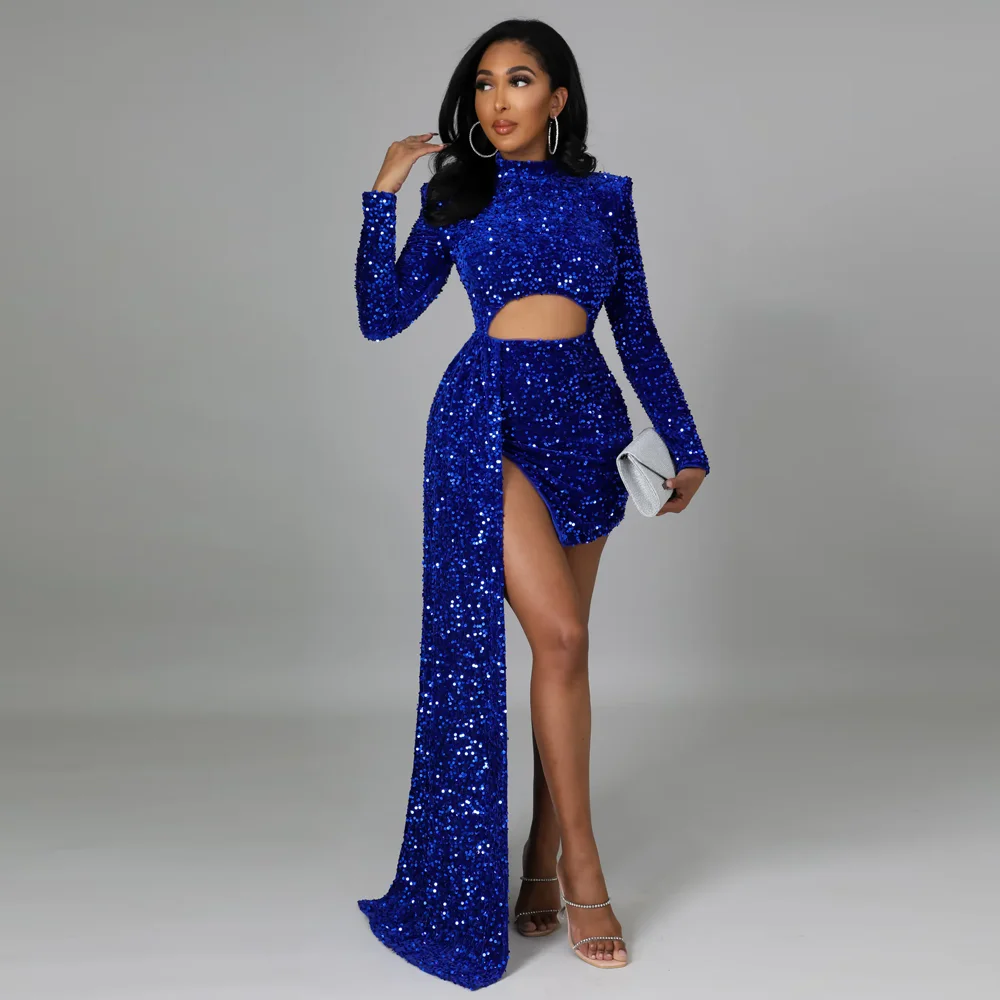 เซ็กซี่ Sparkle Sequined ROYAL BLUE ไม่สมมาตรสั้นผู้หญิงชุด Hollow OUT หญิงชุดมินิปาร์ตี้