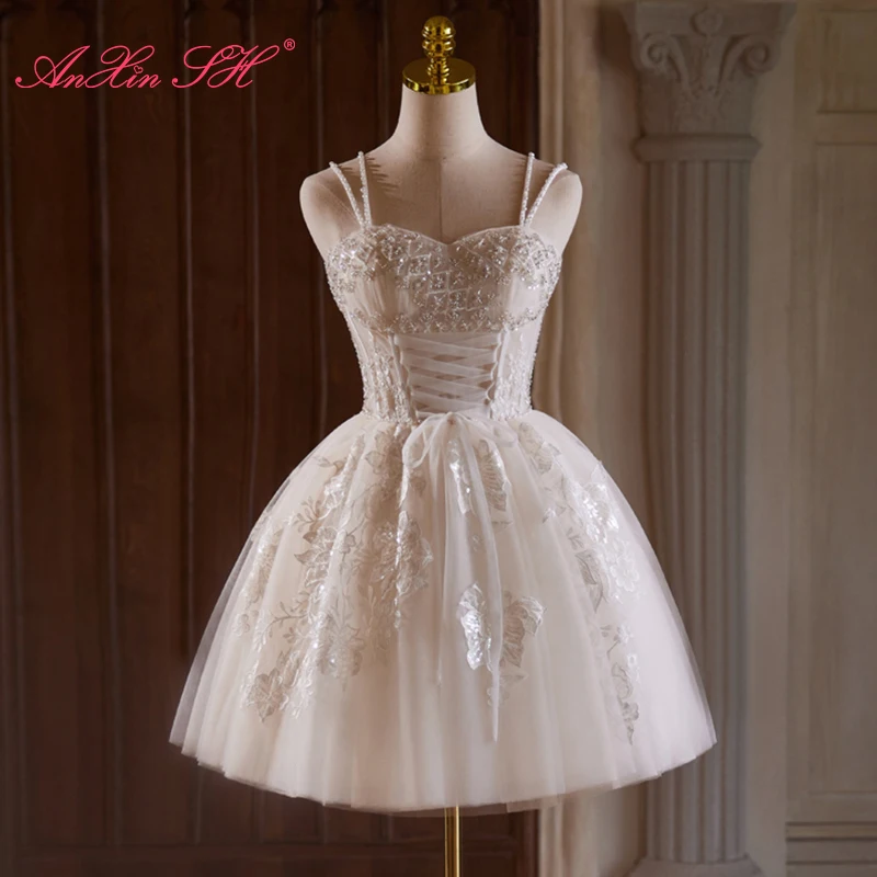 AnXin SH Luxury princess white flower lace spaghetti strap beading crystal bow party short evening dress little white dress