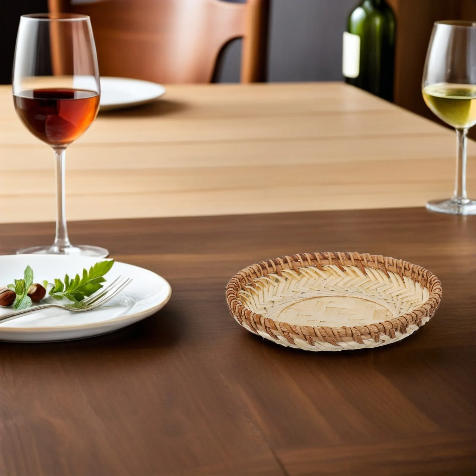 

2pcs Round Rattan Serving Tray Handwoven Bamboo Platter For Snacks Fruits Coffee Table Kitchen Storage Organizer Woven Basket