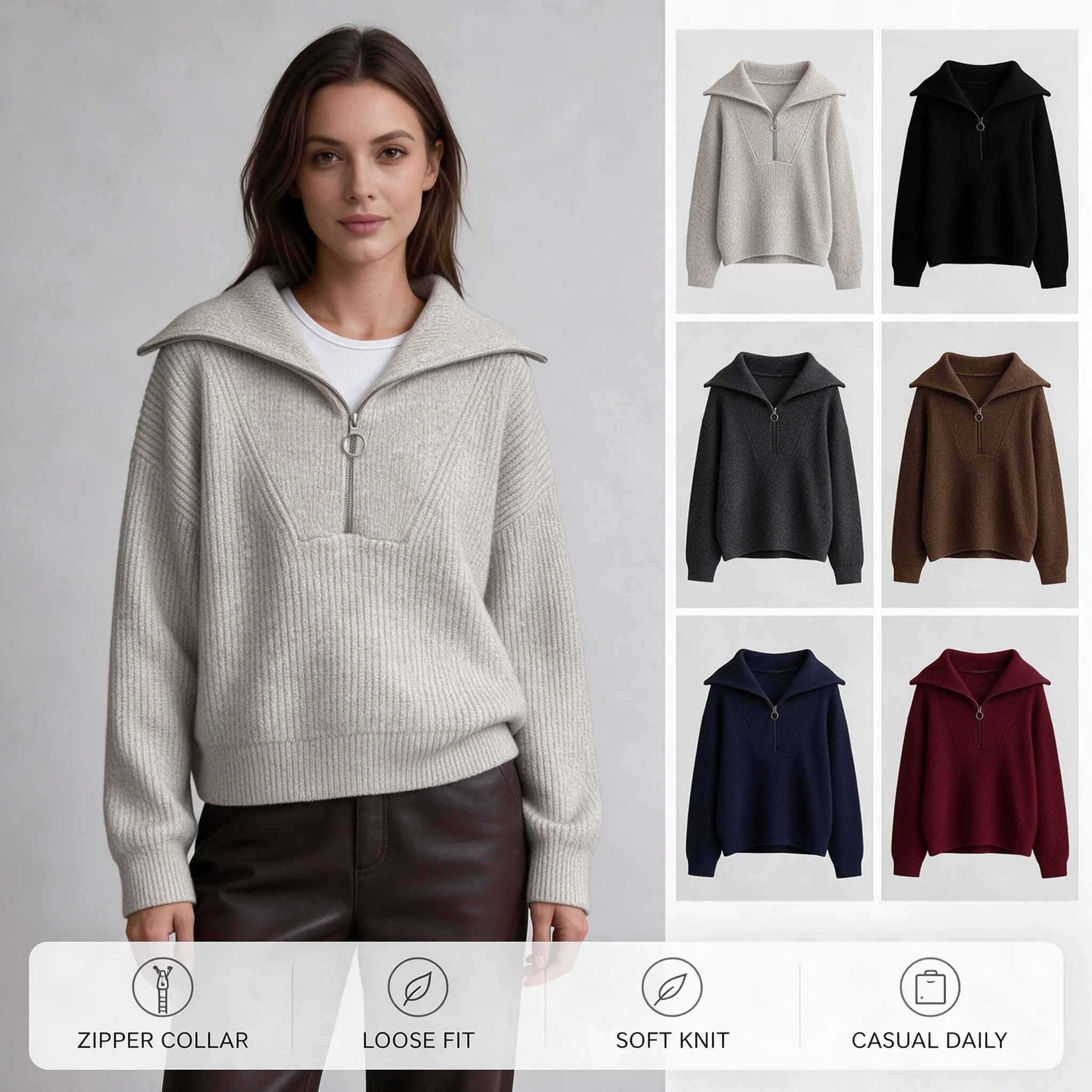 Women Vintage Turn-down V Neck Knit Sweater Long Sleeve Loose Design Pullover Casual Autumn Winter Knitted Tops