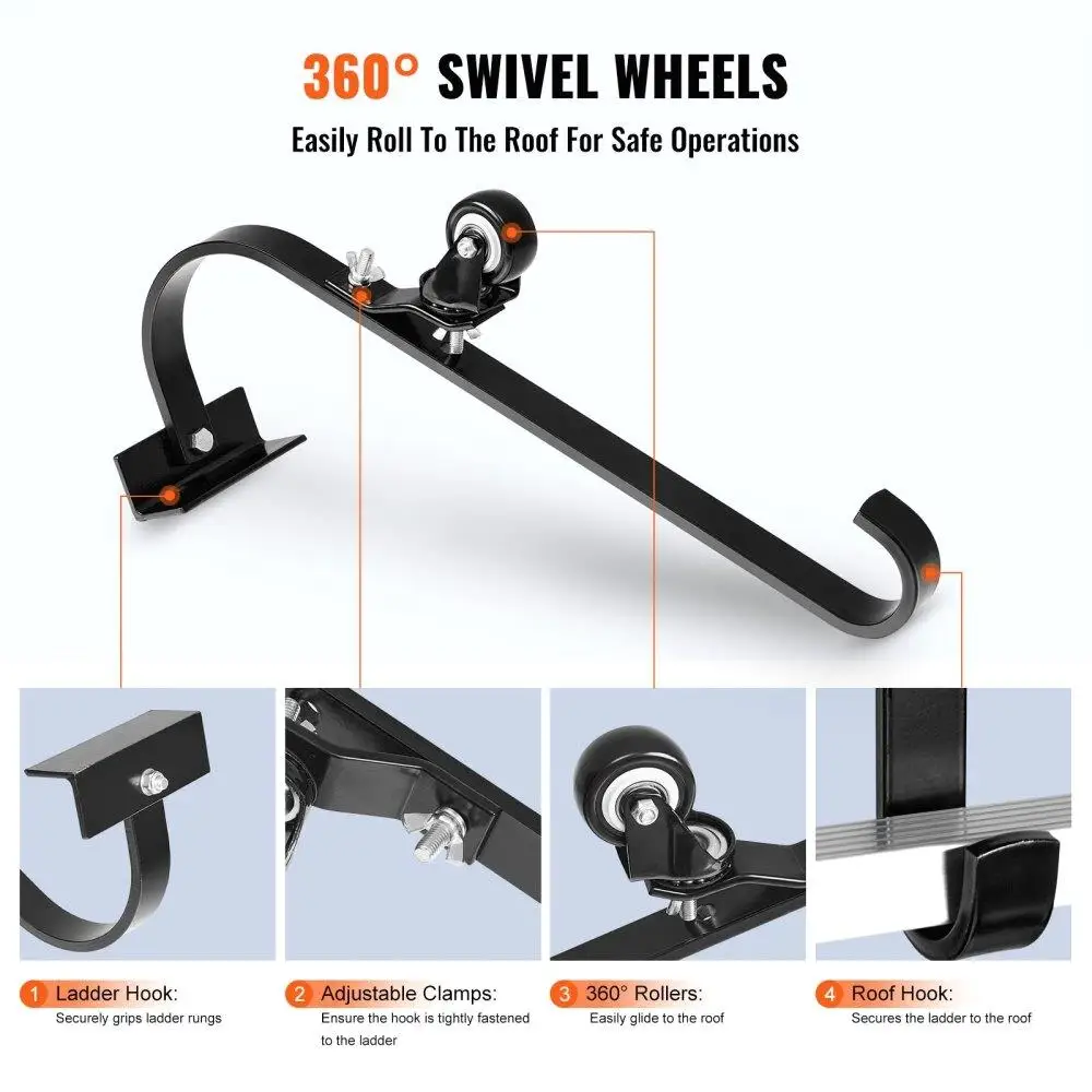 Ladder Roof Hook Stabilizer 2-Pack with Fixed Wheel Swivel Bar Steel