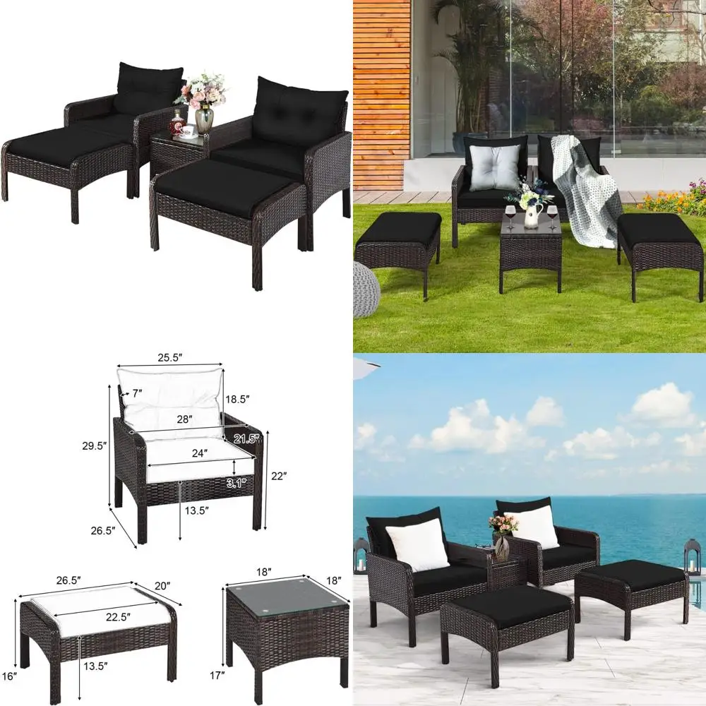 All-Weather 5-Piece Rattan Outdoor Furniture Set with Cushioned Sofas and Ottoman for Lawn, Pool, Balcony