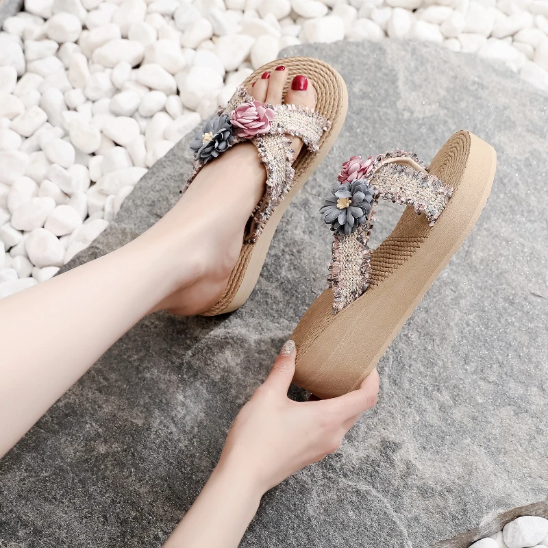 Flower Flip Flops Slippers Women Clip Toe Summer Non-Slip Beach Fashion Wedges Ladies Shoes 2023 Hot Sale Comfy Outdoor Slippers