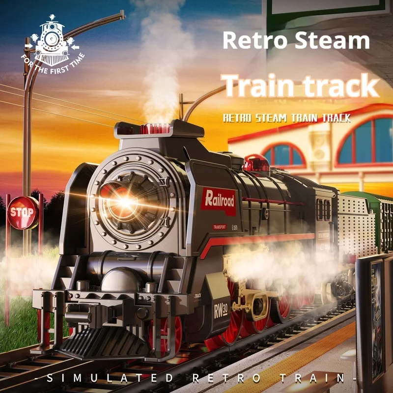 2024 New Style Retro Steam Luxury Train Simulation Children's Electric Track Toys Nostalgic Model Steam with Feeling Cool Lights