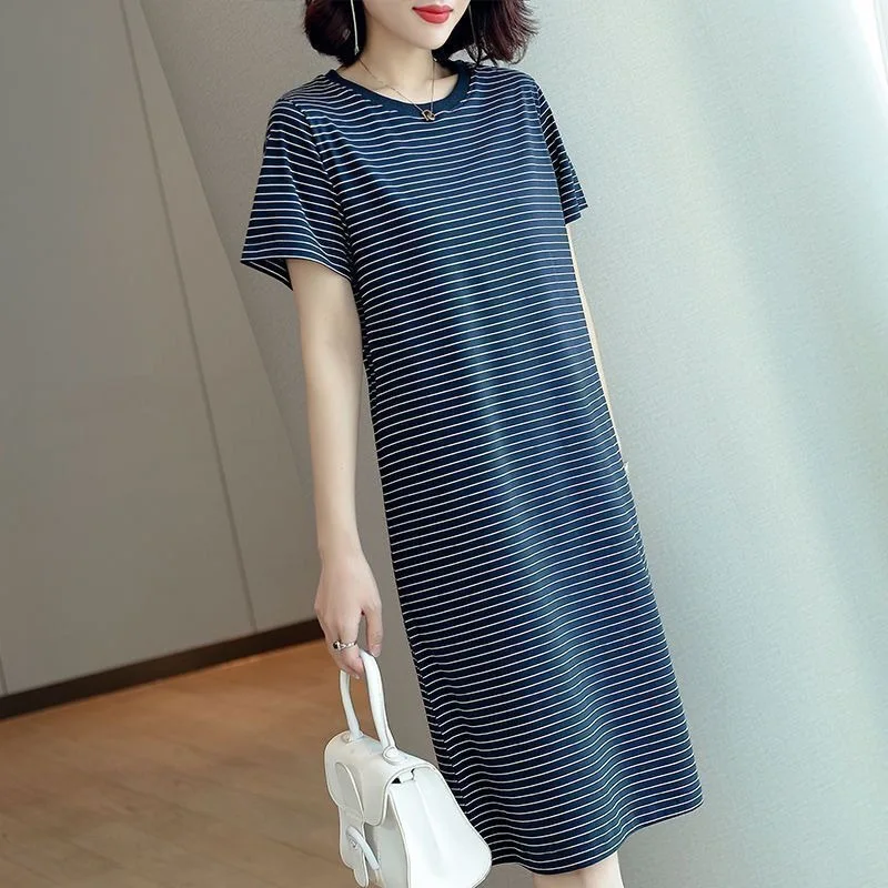 Women's Striped T-Shirt Dress Midi Length Casual Style Comfortable Fit plus Size Summer Versatile Loose Dress