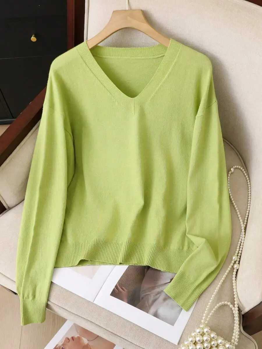 

Женский вязаный свитер с V-образным вырезом и длинными рукавами, свободный крой, повседневный пуловер для весны и осени, цвет лайм-зеленый