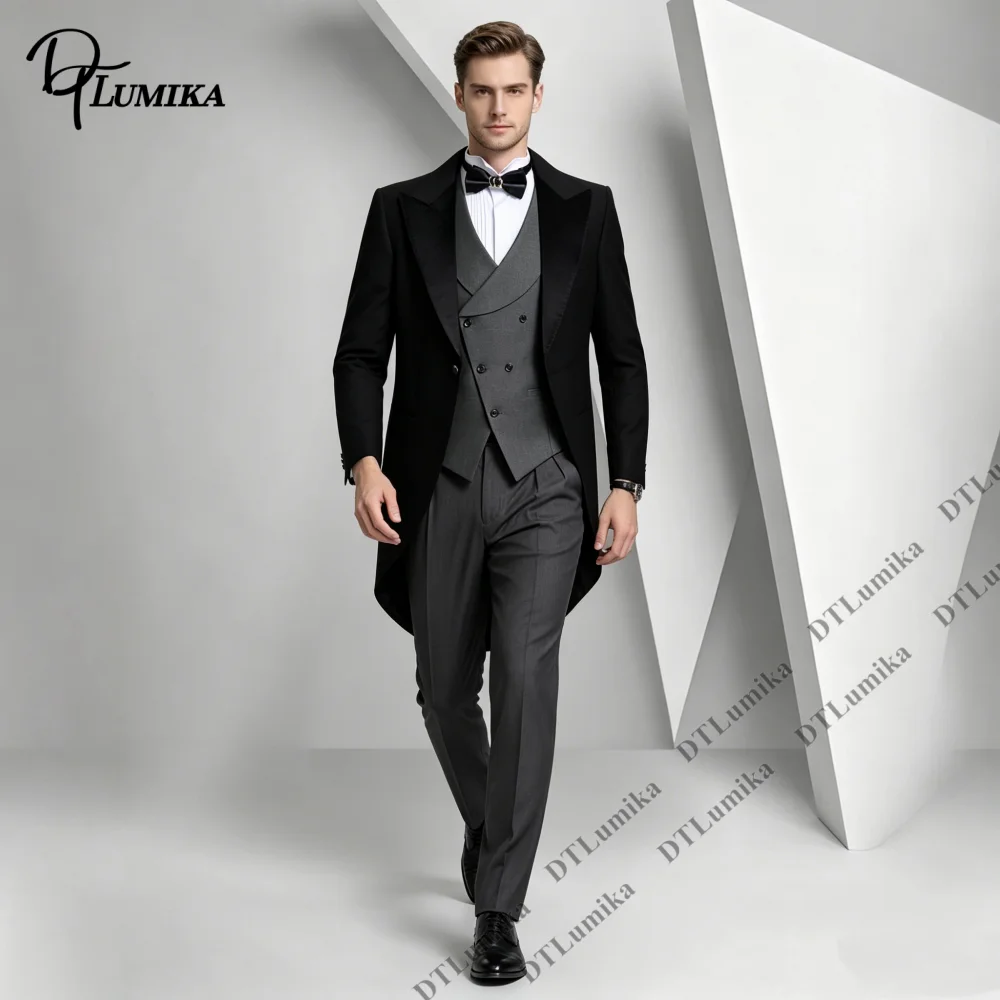 DTLumika Black Tailcoat Peak Lapel Men 3 Piece Tuxedo Blazer Double Breasted Grey Waistcoat Matching Trousers Set For Wedding