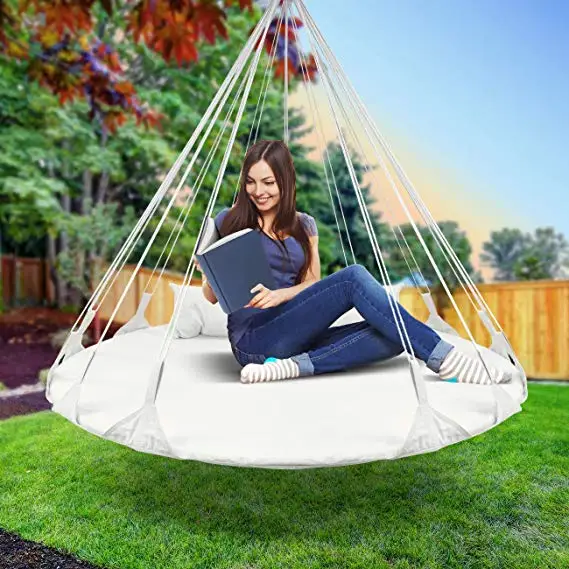 Double Round Hanging Swing Saucer Style Hammock Bed Featuring A Circular Frame And Support Pillow