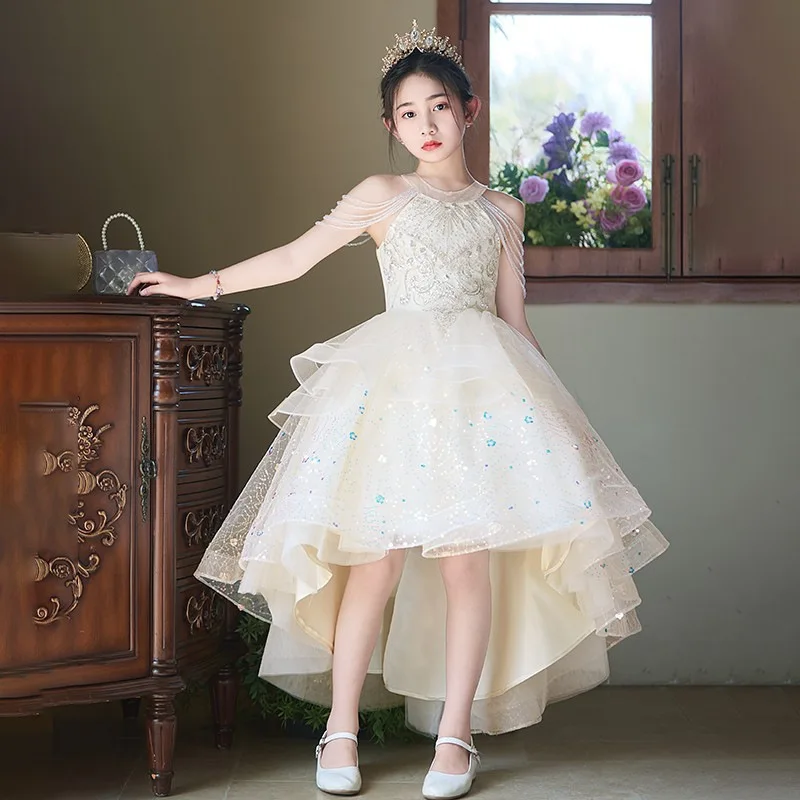 Vestido de Fiesta para Niñas, con Flores, Vestido de Princesa para Niña Pequeña, Color Champán, Elegante y de Alta Gama para Presentadora Infantil