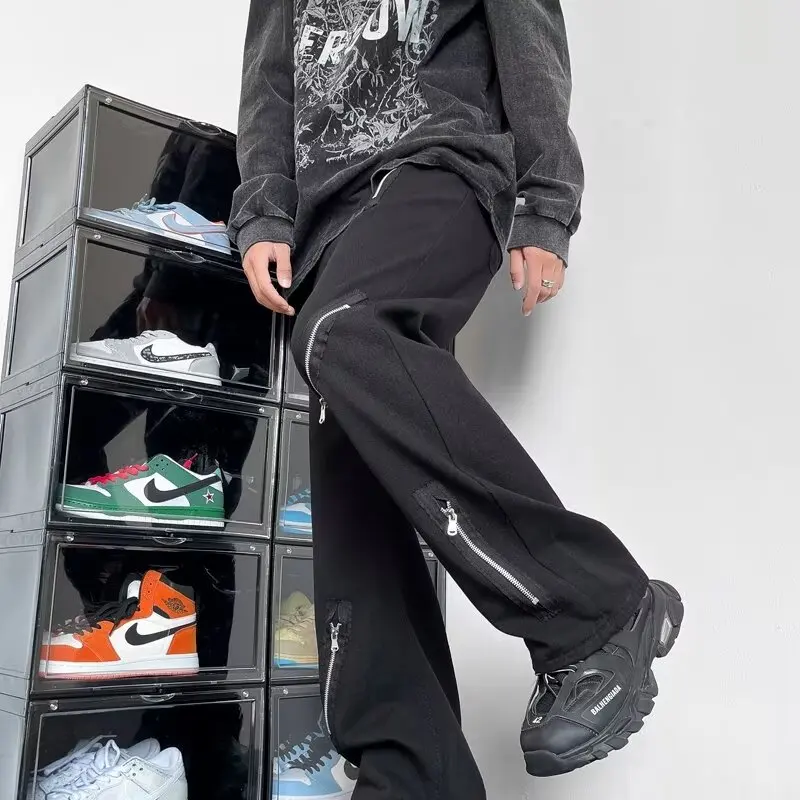

Осенняя уличная одежда, джинсы с искусственными молниями, мужские джинсы в корейском стиле, модные свободные прямые широкие джинсовые брюки, новые мужские джинсы, брендовая одежда
