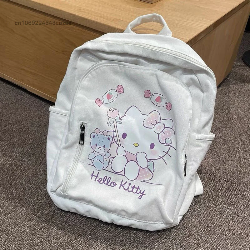 Sanrio Hello Kitty nowy plecak płócienny biały słodki nadruk kreskówkowy podwójne torby na ramię Y2k dziewczyna w stylu College Bag koreańska torba