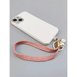 Pure Color Woven Small Fresh Phone Lanyard Short Girls Short Korean Ins Wrist Rope Bracelet Anti-lost Cell Phone Lanyard Keyring