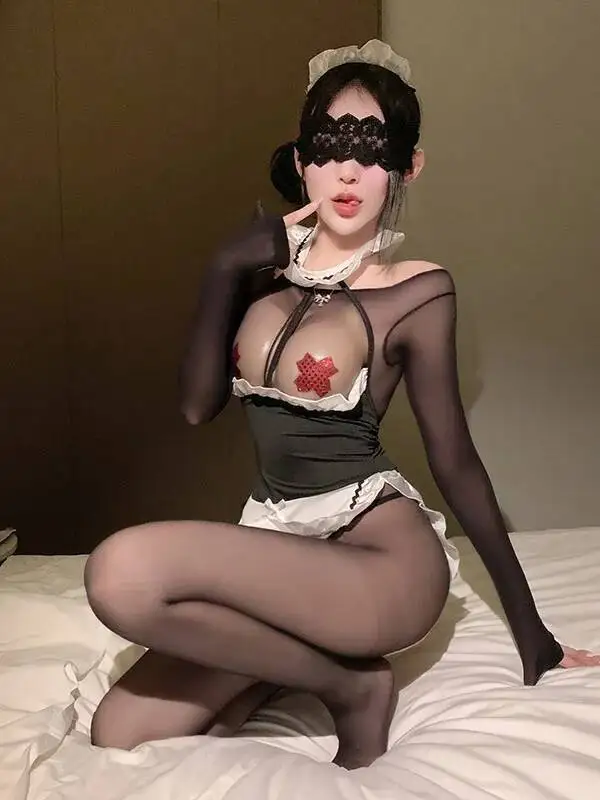 セクシーな黒網タイツドレスエレガントな制服オープンクロッチプラスサイズボディスーツコスプレメイド制服チャーム薄手のセクシーな女性 M7IE