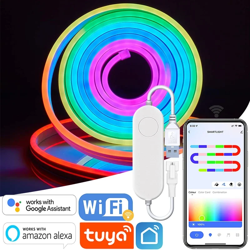 TUYA RGBIC Neon LED Light Strip 16.4ft/5m Smart Addressable Neon LED Strip with Voice Control, Customizable Multicolor Effects