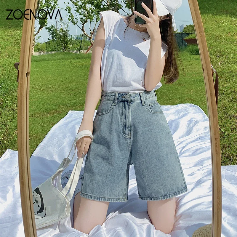

ZOENOVA Harajuku Street Simple Loose Women Jeans 2024 Spring Summer Fashion New Versatile High Waist Knee Length Wide Leg Pants