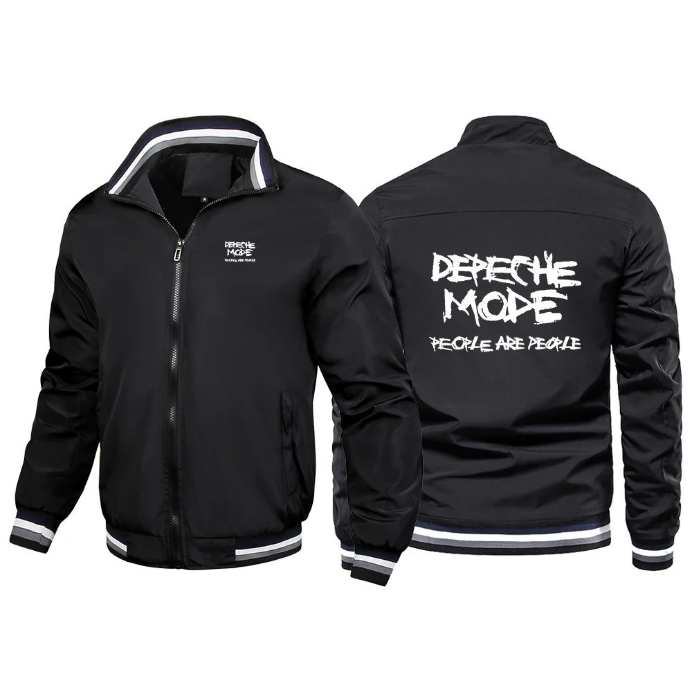 Spring Autumn Men Full Zipper Jacket Fashion Depeche Mode Print Casual Sports Striped Design Stand Collar Slim Coat