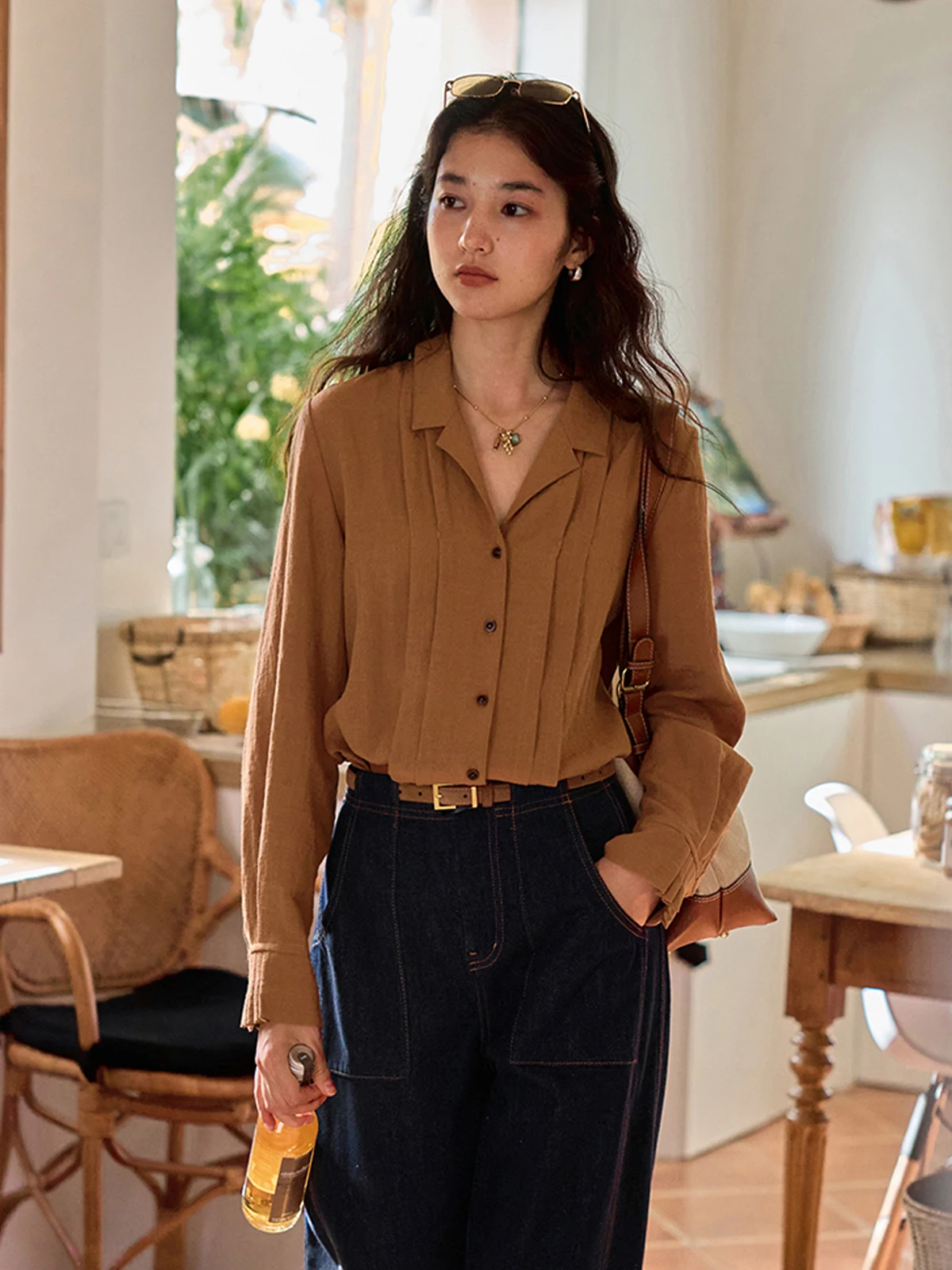 

Solighter Cuban Collar Long Sve Women's irt Vintage Dra Sle Fall 2025 New Arrival Slimming Effect Busin Casual