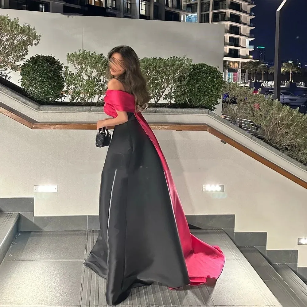 Flora Dress Black Satin Evening Dress Floor-Length A-Line Off The Shoulder Dubai Saudi Arabia فساتين سهرة Prom Gown With Shawl