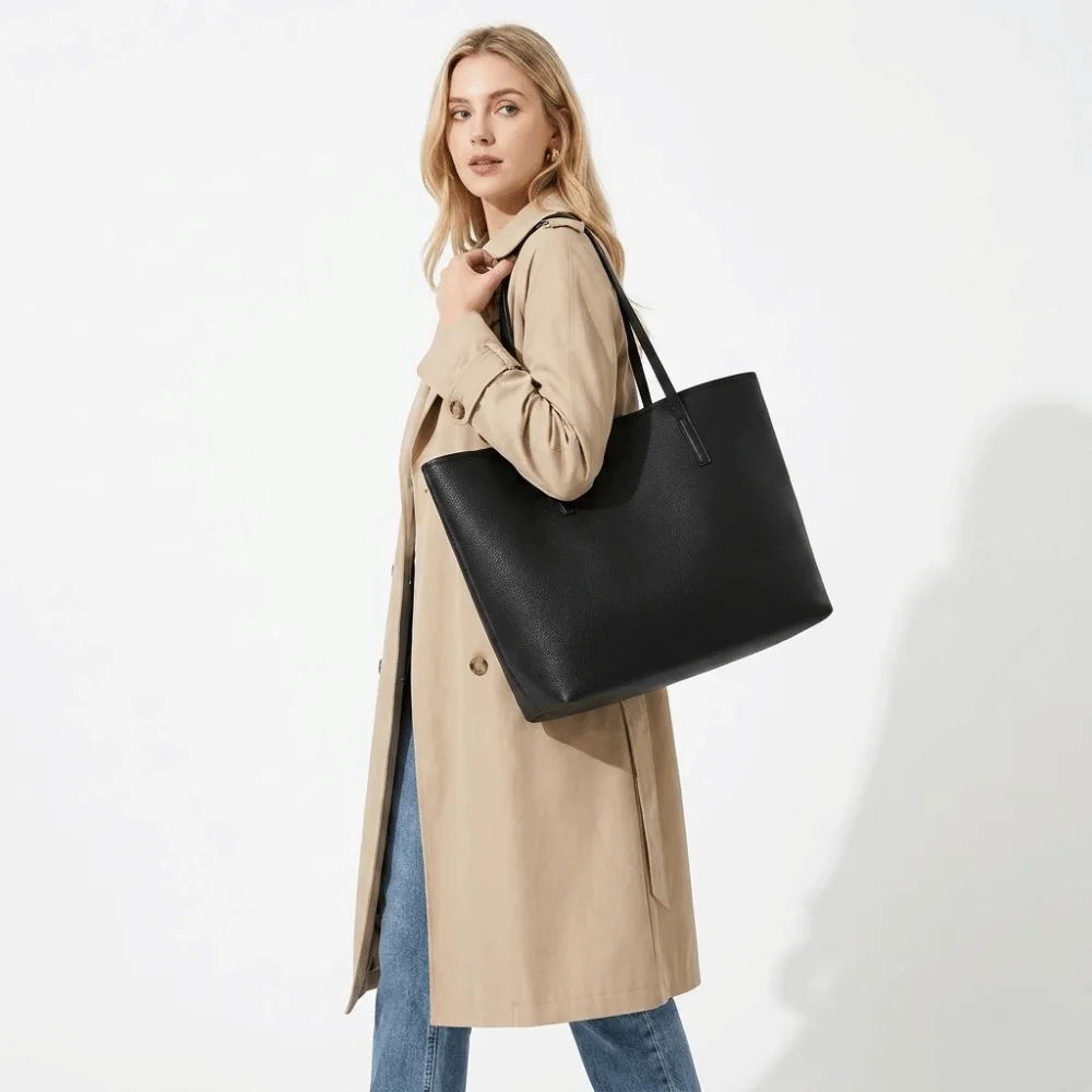 

Fashion Litchi Texture Tote Bag Snap Button Design Large Capacity Shoulder Bag Crossbody Leather Work Bag Women