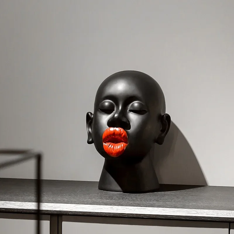 Modern Black Red Lip Desktop Female Figure Head Decoration Home Soft Decoration Resin Crafts