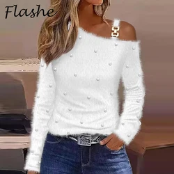 Sexy Blouse Shirt Women Autumn Elegant Off Shoulder Long Sleeve Plush Pullover Tops White Elegant Shirt