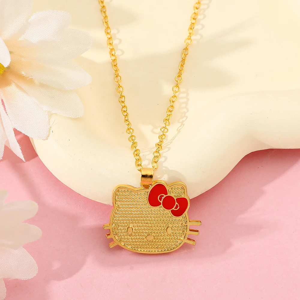 Anime Sanrio Hello Kitty Necklace Cartoon Figure KT Cat Gold Color Metal Pendant Necklace Kawaii Jewelry Accessories Gifts