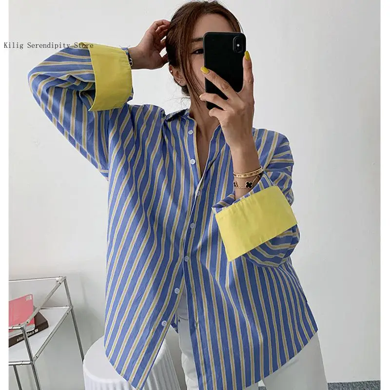 Spring and Autumn Contrast Striped Shirt Women\'s Loose Mid-Length Base Shirt Fashionable Casual Top