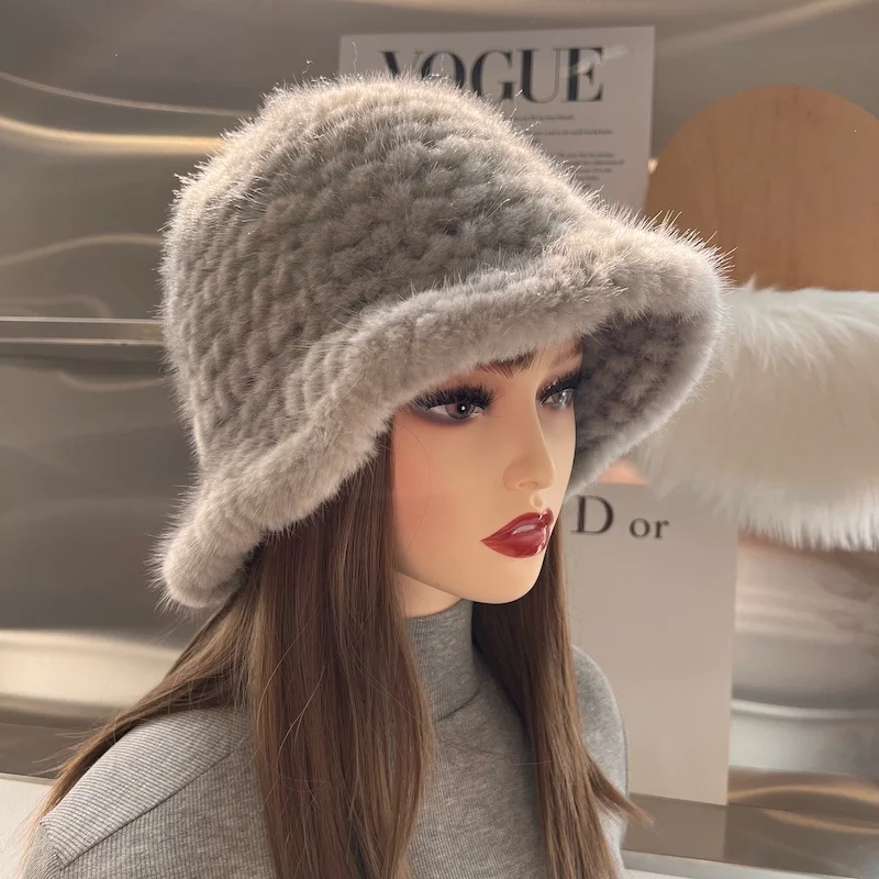 Women Hat 100% Real Mink Fur Hats Women Knitted Beanie Russian Girls Cap With Soft Knitting Thick Female Cap Elastic Bucket Hats