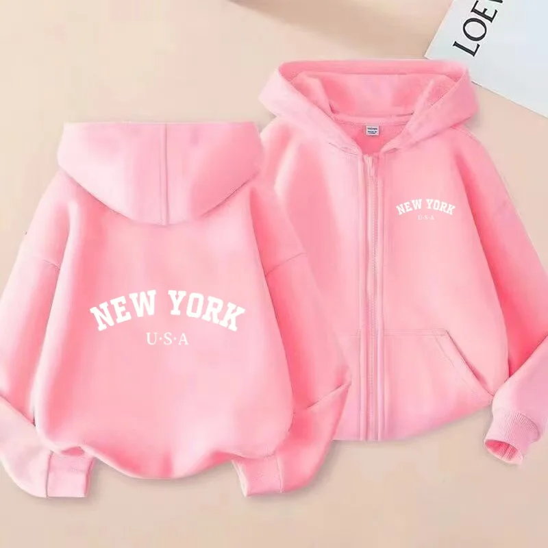 الأكثر مبيعا البلوز الأطفال سترة نيويورك الولايات المتحدة الأمريكية هوديي سستة نمط بنين Girls3-12Yrs موضة رداء علوي فضفاض غير رسمي معطف رياضي #4