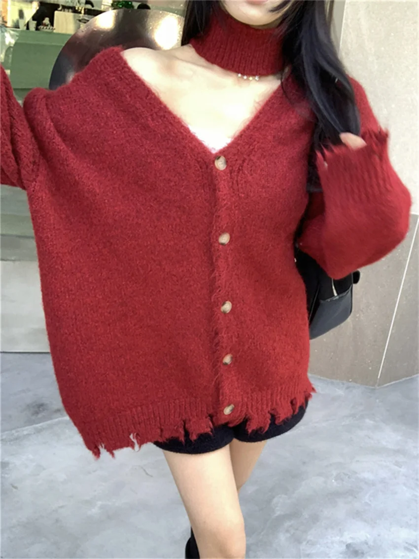 PLAMTEE Red New Years Loose Sweaters Women Chic Knitwear Spring Oversize 2024 Fashion Casual Gentle Daily Warm Lazy Style Coats