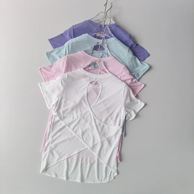 

Yoga Clothes Women's Blouse Short-sleeved Hollow Cross Thin Mesh Beautiful Back Outside Shirts Slim Fitness Sports Top Clothing