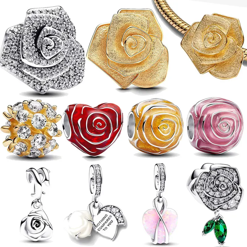 2025 New 925 Silver Charm Golden color Rose in Bloom Oversized Charm Diy Fit Original Pand Bracelet Women Jewelry Gift